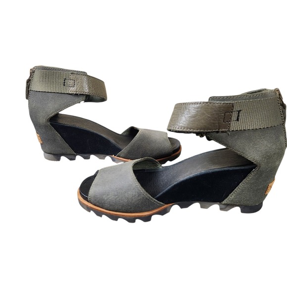 Sorel Women's Olive Green Leather Wedge Sandals Size 8 Ankle Strap Torpeda Carly - Picture 2 of 7